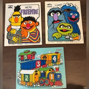 Vintage Lot of 3 Playskool Wooden Puzzles Sesame Street COMPLETE